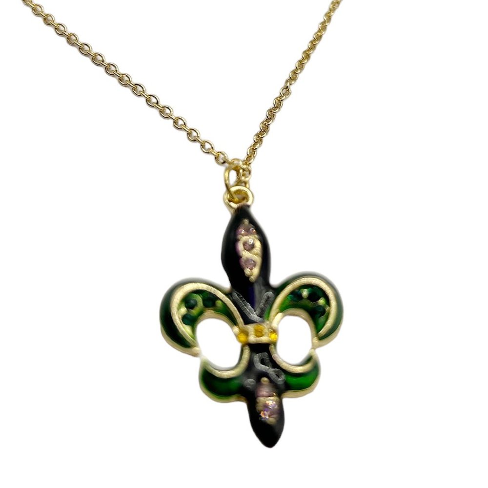 Enameled Mardi Gras Fleur de Lis Pendant on Chain
